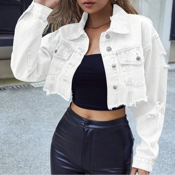 SHEIN Cropped White Distressed Denim Jacket - Picture 1 of 7